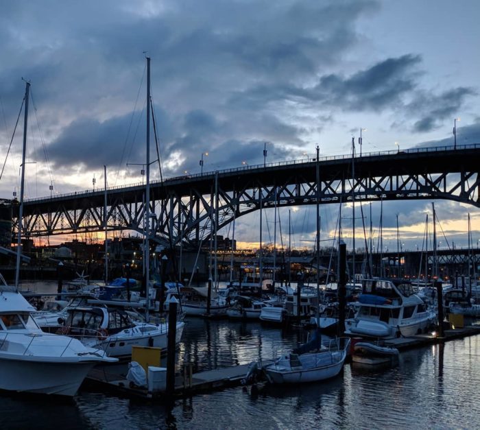 Granville Bridge and boats at sunset