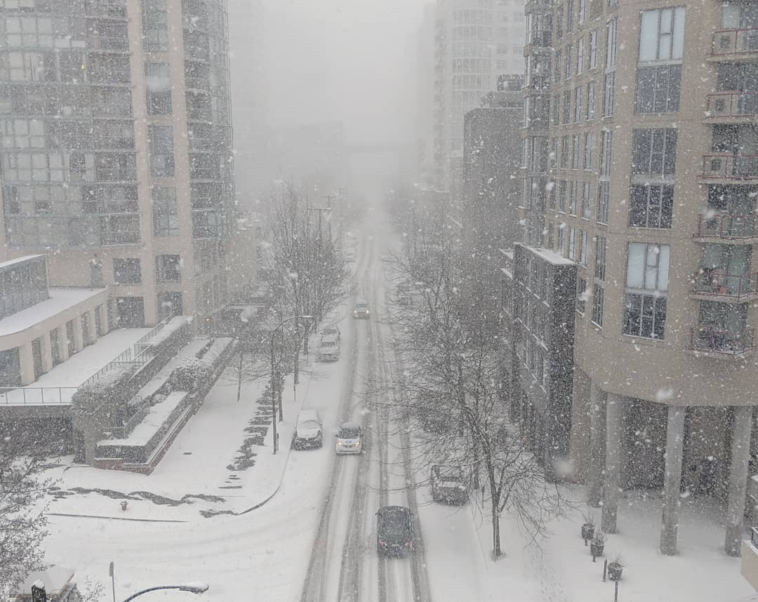 Beach Avenue, snow falling down