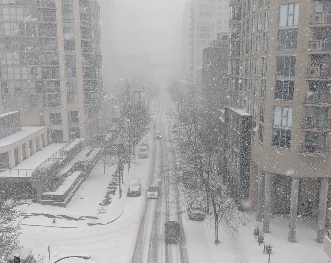 Beach Avenue, snow falling down