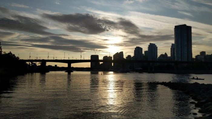 Cambie Bridge and downtown at sunset