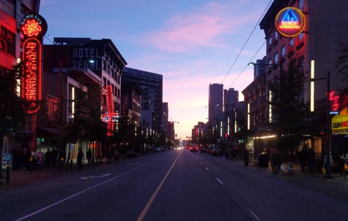 Granville Street under pink clouds