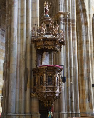 Elaborately carved wooden pulpit
