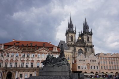 Old Town Square east side: Kinský Palace, Our Lady Before Týn and Jan Hus