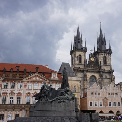 Old Town Square east side: Kinský Palace, Our Lady Before Týn and Jan Hus