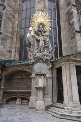 Capistran Chancel, a stone pulpit mounted by an elaborate Baroque statue