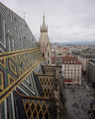 Cathedral roof and Stephansplatz under a grey sky