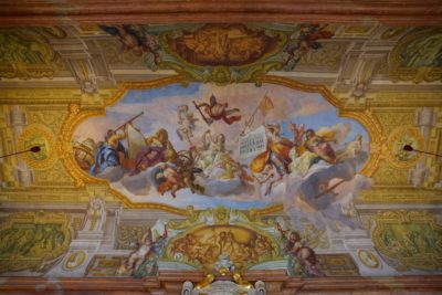 Painted ceiling; figures in the clouds are having a debate