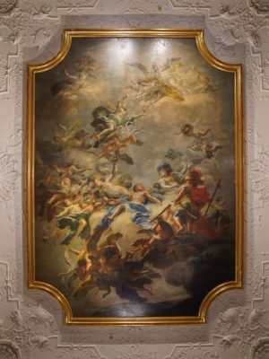A painting on the ceiling, with Prince Eugene facing off against evil creatures