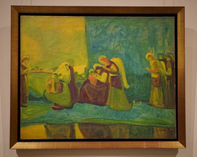 A painting showing several angels in shades of green