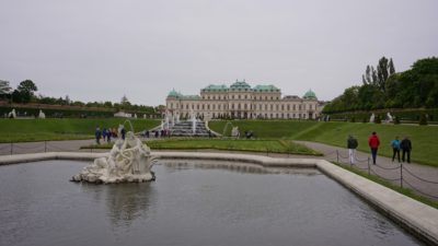 Upper Belvedere palace in the background, a water fountain in the foreground
