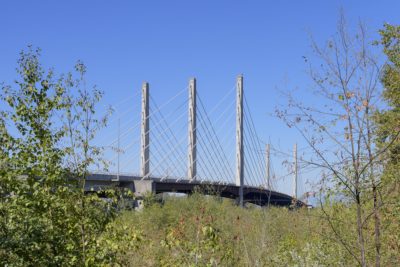 Pitt Meadows Bridge, a large suspension bridge. From my point of view, the pillars are framed by trees