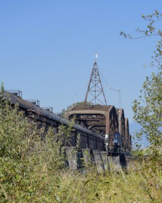 The Pitt Meadows rail bridge seen from below, on the trail