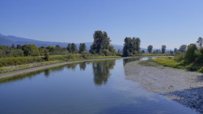 A view of the Alouette River from a bridge. The river is still, reflecting trees and blue sky