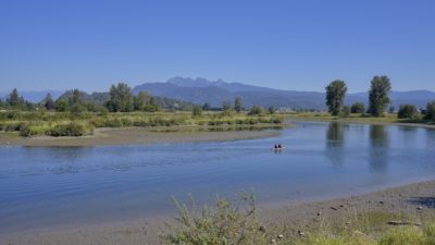 A shallower stretch of the Alouette River. The water is shallow and calm, and there is a kayak