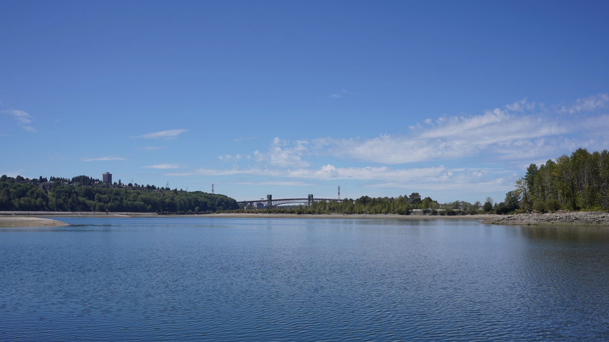 A view of Second Narrows Bridge in the distance.