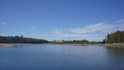 A view of Second Narrows Bridge in the distance.