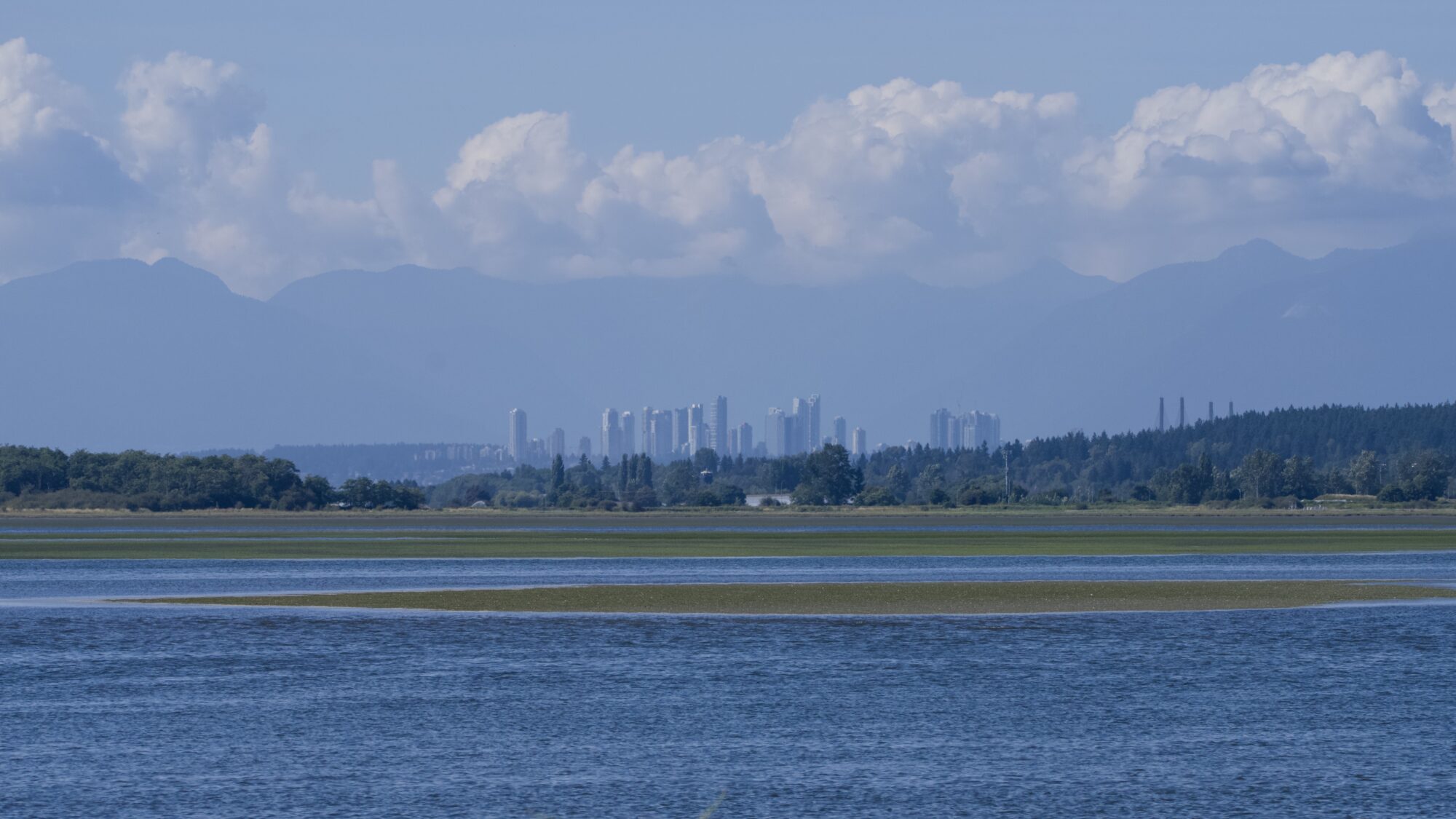 View north-ish across the water from Blackie Spit: some sandbanks, faraway Surrey towers and some clouds in the sky