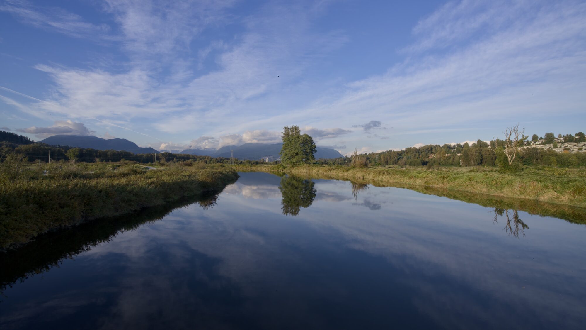 Coquitlam River, in low afternoon light, and some wispy clouds reflected in the still water
