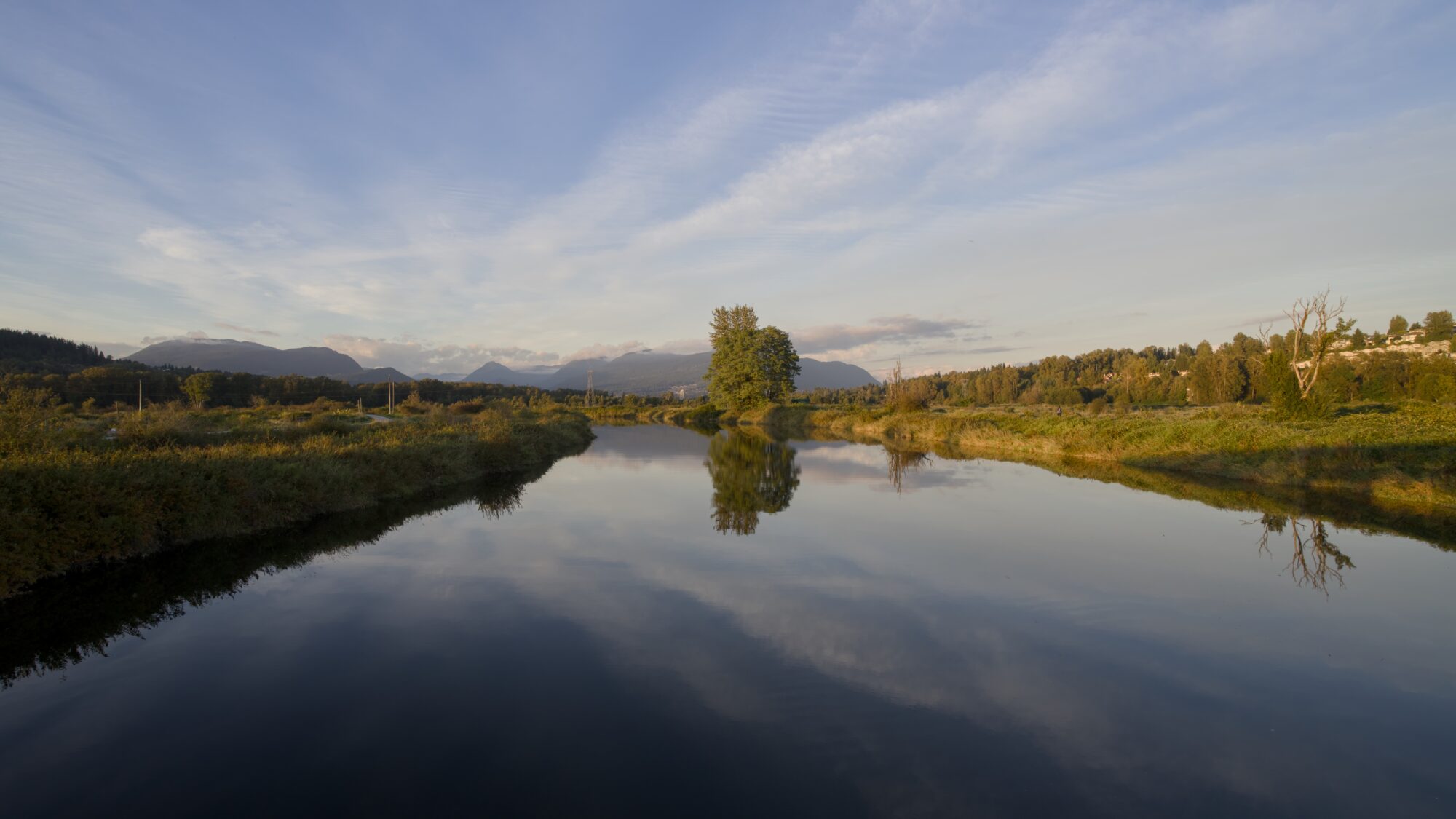 Coquitlam River, in low somewhat golden light light, and some wispy clouds reflected in the still water