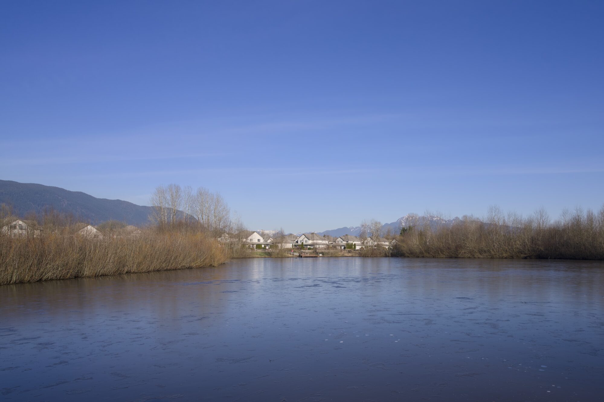 An expanse of water, somewhat frozen. There are brown bare trees and bushes on the opposite bank, and in the gap we see suburban houses. Behind all that are low mountains, and a mostly blue sky