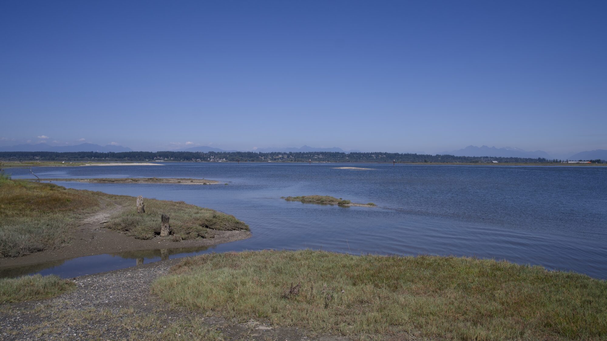 View from near the Maple Street Pumphouse. Low coastline with little sandbars, short grass. In the distance across the water are some houses, trees, and mountains far away