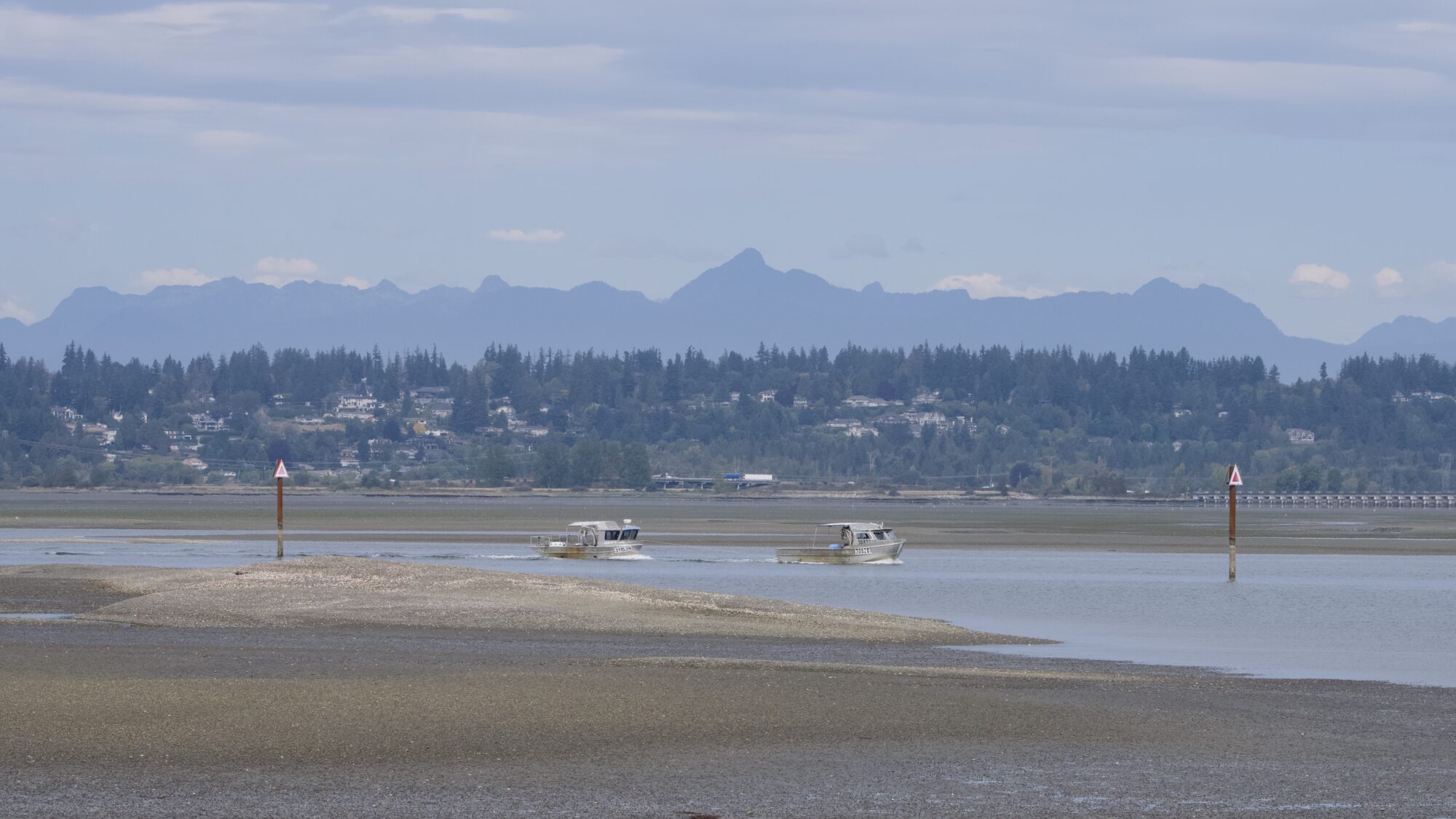 A view from Blackie Spit. Two small metal boats are navigating through the low tide water, between two pilings with a triangular sign on them. On the opposite shore are suburban homes, trees, and behind that hazy blue mountains.